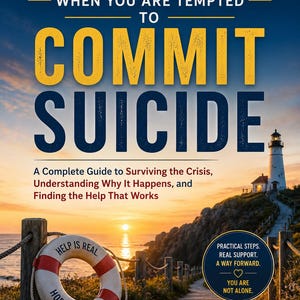 Op de afbeelding: Een boek getiteld What To Do When You Are Tempted To Commit Suicide door Yovwe Samuels. De omslag toont een zonsondergang boven een vuurtoren, een reddingsboei met de tekst Help Is Real en Hope Is Possible, en een badge met Practical Steps.