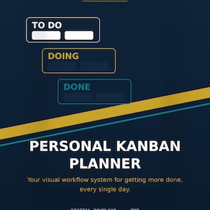 May include: A dark blue digital planner titled Personal Kanban Planner with the text Global Travel Insights at the top. It features a workflow diagram with three rectangular boxes labeled To Do, Doing, and Done, along with the text Your visual workflow system for getting more done, every single day. Digital Download PDF 2026.