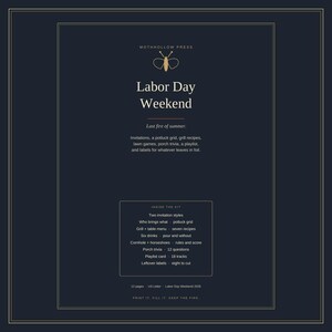 Pode incluir: Um kit de evento Labor Day Weekend em azul marinho escuro da Mothhollow Press. O texto inclui convites, grade de comida, receitas, jogos, trivia, lista de reprodução e etiquetas. Indica 12 páginas em tamanho US Letter para o ano 2026.