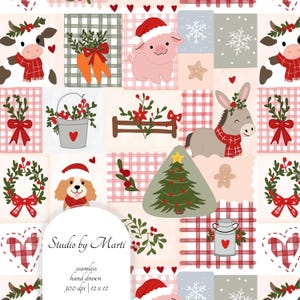 May include: A seamless pattern featuring Christmas-themed illustrations of cows, a pig in a Santa hat, a donkey, and a dog, interspersed with wreaths, carrots, a Christmas tree, and red hearts. The text reads Studio by Marti, seamless, hand drawn, 300 dpi, 12 x 12.