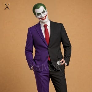 May include: A two-tone suit featuring a purple jacket and trousers on the left side and a black jacket and trousers on the right side. The suit includes a white dress shirt, a red necktie, and a silver coin held in the right hand pocket area.