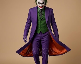 Purple Joker Suit Men, Dark Knight Inspired Joker Costume, Purple Villain Tailcoat, Green Vest 3 Piece Cosplay Suit, Halloween Outfit