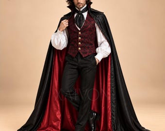 Gothic Vampire Costume for Men, Victorian Black Cloak Red Vest & Pants 3 Piece Outfit, Dracula Cape, Halloween Gothic Wedding Attire