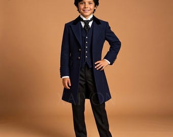 Boys Victorian Suit, Navy Blue Frock Coat, Ring Bearer Suit, Kids Wedding Suit, Victorian Page Boy Outfit, Vintage Formal Wear