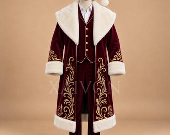 Luxury Burgundy Velvet Santa Suit for Men, Embroidered Father Christmas Costume, Victorian Santa Coat, Waistcoat Pants Christmas Outfit