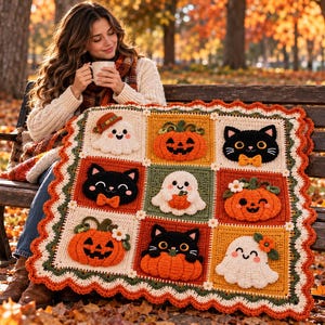 Halloween-Häkeldecke, Häkelanleitung für eine schwarze Katze, Kürbis-Häkeldecke für Anfänger