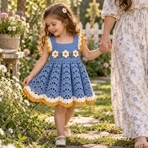 Baby Daisy Pinafore Virkmönster, Blommig Småbarnsklänning Virkad PDF, Virkad Flickklänning Pinafore Mönster