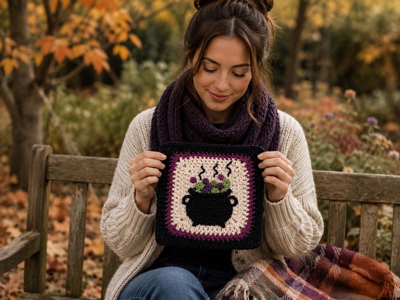 May include: A square crochet patch featuring a black cauldron graphic with green and purple bubbles and rising steam. The design is framed by a cream-colored border and an outer black border, creating a distinct square shape with textured yarn.