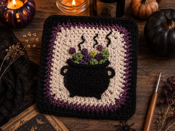 Halloween Cauldron Granny Square, Crochet Cauldron Granny Square, Witch Cauldron Crochet Square