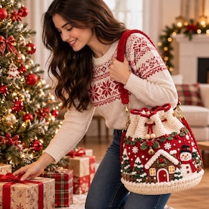 Pode incluir: Uma bolsa saco de crochê com uma cena festiva de Natal apresentando uma casa de gengibre, um boneco de neve e árvores perenes em um fundo vermelho. A bolsa tem uma base creme, fecho de cordão com contas de madeira e uma alça de ombro vermelha.