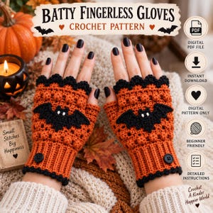 May include: A pair of orange and black fingerless gloves featuring a crocheted bat motif on the back of each hand. The gloves have a textured stitch pattern, a ribbed cuff with a single black button, and a scalloped black trim at the top edge.