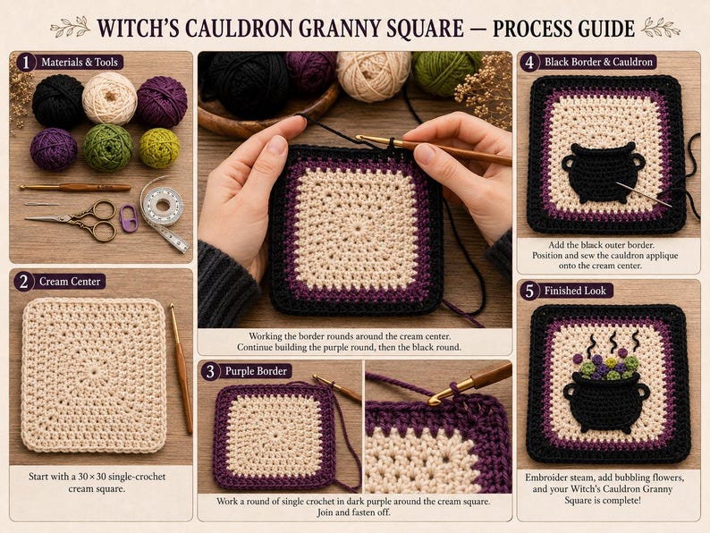 Witch's Cauldron Crochet Granny Square Pattern (Digital PDF)