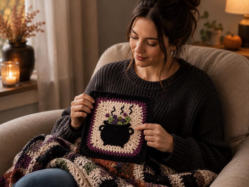Witch's Cauldron Crochet Granny Square Pattern (Digital PDF)