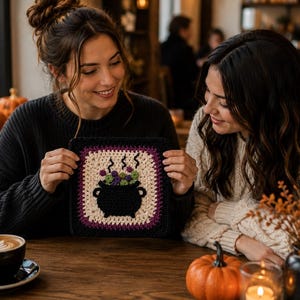 May include: A square crochet granny square featuring a black cauldron in the center with green and purple bubbles rising from the top. The design is framed by a cream-colored border, followed by a thin purple stripe and a wide black outer edge.