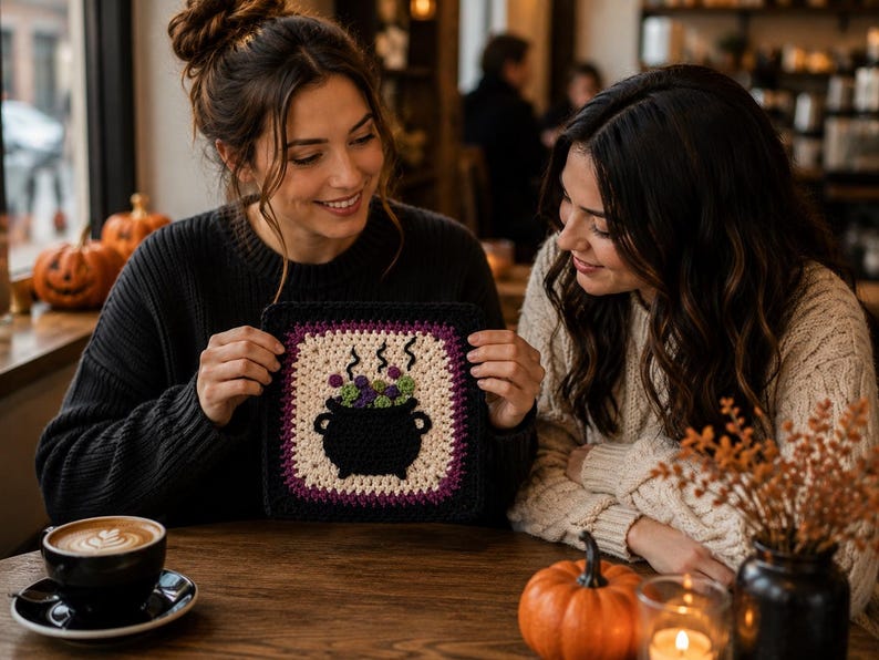 May include: A square crochet granny square featuring a black cauldron in the center with green and purple bubbles rising from the top. The design is framed by a cream-colored border, followed by a thin purple stripe and a wide black outer edge.