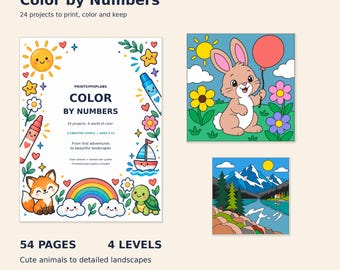 Printable Color by Number Book for Kids Ages 4–12 | 24 Designs | Four Difficulty Levels