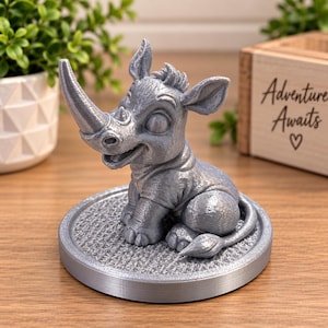 May include: A silver-colored 3D printed figurine of a baby rhinoceros with large eyes and a prominent horn, wearing a shirt. The rhinoceros is seated on a circular base with a textured top surface, featuring a visible layered construction pattern.