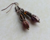 Spring Purple Amber earrings Steampunk inspired teardrop shaped, Neo Victorian with faux pearls