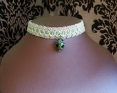 Green Egg Choker, ovoid glass bead on Vintage Pink Braid Trim, Steampunk, Victoriana, Lolita