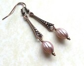 Elongated Copper Teardrop earring -Pink Spiral Whorl- Dotted strut with oyster pink beads