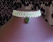 Framed Olive Oval Choker with Vintage Pink Braid Trim, nostalgic necklace, Steampunk, Neo Victorian