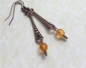 Metallic Elongated Teardrop earring -Amber Drop- Dotted copper strut with faceted fake amber