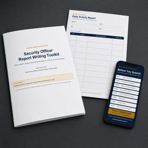 May include: A Security Officer Report Writing Toolkit booklet with a white cover, a Daily Activity Report form, and a smartphone displaying a Before You Submit checklist. The text includes Security Reporting Field Guide and core principles.