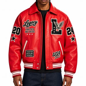 May include: A bright red varsity jacket featuring a black collar, white and red striped ribbed cuffs and hem, and various patches including the text Legacy, United We Rise, USA, and Tradition Discipline Progress, with the numbers 20 and 24.