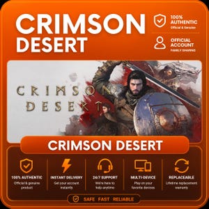 Może przedstawiać: Cyfrowa grafika promocyjna gry wideo Crimson Desert z centralną ilustracją wojownika z mieczem i tarczą. Układ w odcieniach pomarańczu zawiera tytuł gry oraz ikony wskazujące na autentyczność produktu i dostępność wsparcia technicznego.