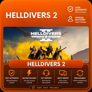 以下が含まれることがあります： ビデオゲーム「HELLDIVERS 2」のデジタル製品グラフィック。黄色い煙と飛行船が浮かぶ空を背景に、ライフルを構えた4人の装甲兵が描かれています。オレンジ色を基調としたレイアウトには、ゲームタイトルと様々なアイコンが含まれています。