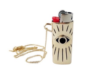 Eye Lighter Case Necklace with Black Onyx for Mini Bic Lighters // Evil Eye Lighter Case