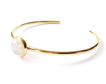 Brass and Rainbow Moonstone Simple Stacking Cuff Bracelet