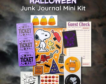 May include: A Peanuts Halloween junk journal mini kit featuring a sheet of stickers with Snoopy and Woodstock, purple admission tickets, a guest check pad, candy corn cutouts, pumpkin stickers, and circular stickers with Halloween-themed graphics.