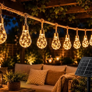 Op de afbeelding: Een lichtsnoer met tien heldere glazen lampen opgehangen aan een dik touw van jute. Elke lamp bevat een fijne koperdraad met kleine warmwitte ledlampjes. Een zwart rechthoekig zonnepaneel op een paal staat aan de rechterkant van de lampen.