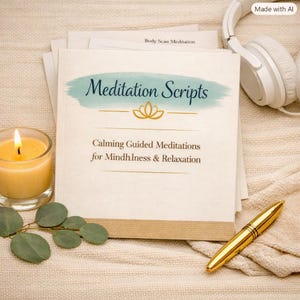 May include: A square book titled Meditation Scripts: Calming Guided Meditations for Mindfulness & Relaxation, featuring a blue brushstroke design and gold lotus icon. Beside it are a lit candle in a glass, a gold pen, and white headphones.