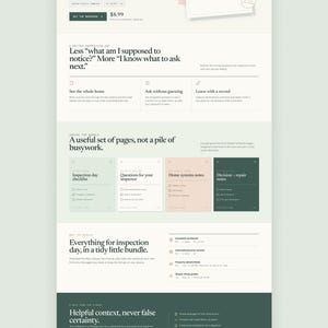 May include: A digital product landing page for The homebuyer inspection workbook, featuring a clean layout with off-white, sage green, and dark green sections. It includes text headers, checklists, and document previews for home inspection planning.