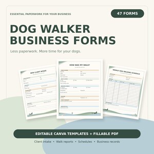 Op de afbeelding: Een set van 47 zakelijke formulieren voor hondenuitlaters, inclusief klantintake, wandelrapporten en weekschema's. De sjablonen bevatten donkergroene tekst op wit papier met lichtblauwe en beige accenten, beschikbaar als Canva-bestanden.