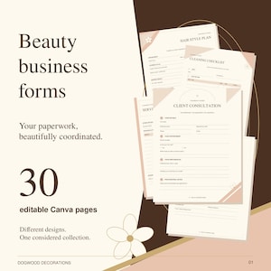 May include: A set of 30 editable beauty business forms featuring a client consultation sheet, hair style plan, and cleaning checklist. The documents are cream-coloured with dark brown text and soft pink accents, displayed in a layered stack.