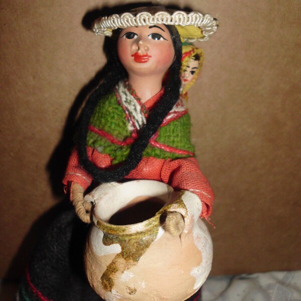 Vintage Handmade doll with papoose and clay pot