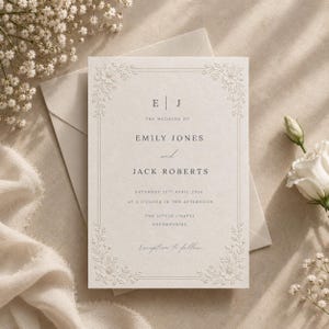 May include: A cream-colored wedding invitation card featuring an embossed floral border and the text E J, THE WEDDING OF EMILY JONES and JACK ROBERTS, SATURDAY 12TH APRIL 2026 AT 3 O'CLOCK IN THE AFTERNOON, THE LITTLE CHAPEL OXFORDSHIRE, Reception to follow.