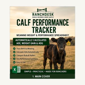 May include: A digital spreadsheet titled RANCHDESK CALF PERFORMANCE TRACKER for weaning weight and performance. It features a black calf with a yellow ear tag numbered 102, text listing features like age and ADG calculation, and an Excel icon.