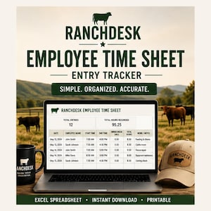 May include: A digital Ranchdesk employee time sheet entry tracker displayed on a laptop screen, featuring a table with columns for date, name, times, and notes. A black mug and a tan baseball cap with the Ranchdesk logo sit beside the laptop.