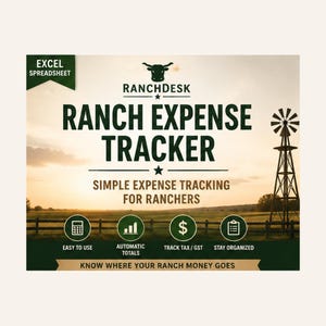 Pode incluir: Uma planilha do Excel intitulada Ranch Expense Tracker. O design apresenta um ícone de touro, um moinho de vento e texto incluindo Simple Expense Tracking For Ranchers, Easy To Use, Automatic Totals, Track Tax/GST, Stay Organized e Know Where Your Ranch Money Goes.