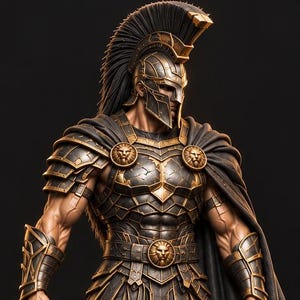 Puede incluir: Una figura detallada de un guerrero con casco metálico oscuro con cresta, armadura de pecho con motivos de león y una capa harapienta. La figura sostiene una lanza larga en una mano y se apoya sobre una base circular de textura rocosa.