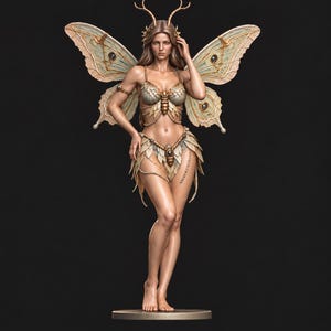 May include: A standing figurine of a fairy with long brown hair, large moth-like wings, and small antlers. The figure wears a bodice and skirt made of layered, leaf-like scales in shades of beige, cream, and pale green, accented with thin beaded chains.