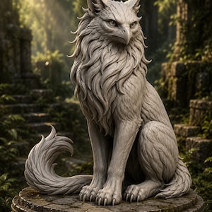 May include: A light gray stone statue of a mythical creature with the head of an eagle and the body of a feline. The figure features detailed feathers around the neck, pointed ears, sharp claws, and a long, curved, bushy tail, sitting on a circular base.