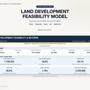 Könnte beinhalten: Eine digitale Tabellenkalkulationsvorlage mit dem Titel Land Development Feasibility & Returns Model für Microsoft Excel. Sie zeigt Projektdaten wie 14,00 Acres, 24 Einheiten und Finanzkennzahlen wie 24,1% Projekt-IRR und 1,79x Equity Multiple.