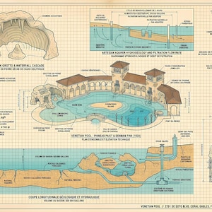 May include: A technical architectural schematic of the Venetian Pool in Coral Gables, Florida. The print features detailed cross-sections, site layouts, and structural diagrams of the grotto, observation tower, and pool basin on a grid background.