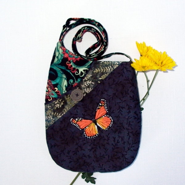 Small Shoulder Bag Quilted Fabric Purse with Embroidered Monarch Butterfly in Black, Teal and Orange