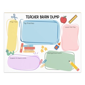 May include: A white rectangular teacher brain dump planner sheet featuring colorful sections for top priorities, lesson plan prep, meetings, and student check-ins. It includes illustrations of scissors, an apple, a ruler, books, and a pencil.